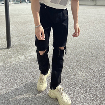 Pierced Jeans Men's Tide Brand Summer Slim Fit Sports Leisure Retro High Street Trend Feet Black Fitness Pants