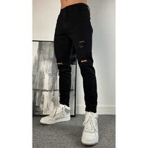 Stretch denim trousers tide brand fitness exercise muscle training dog leisure hole squat tight nine-point foot man