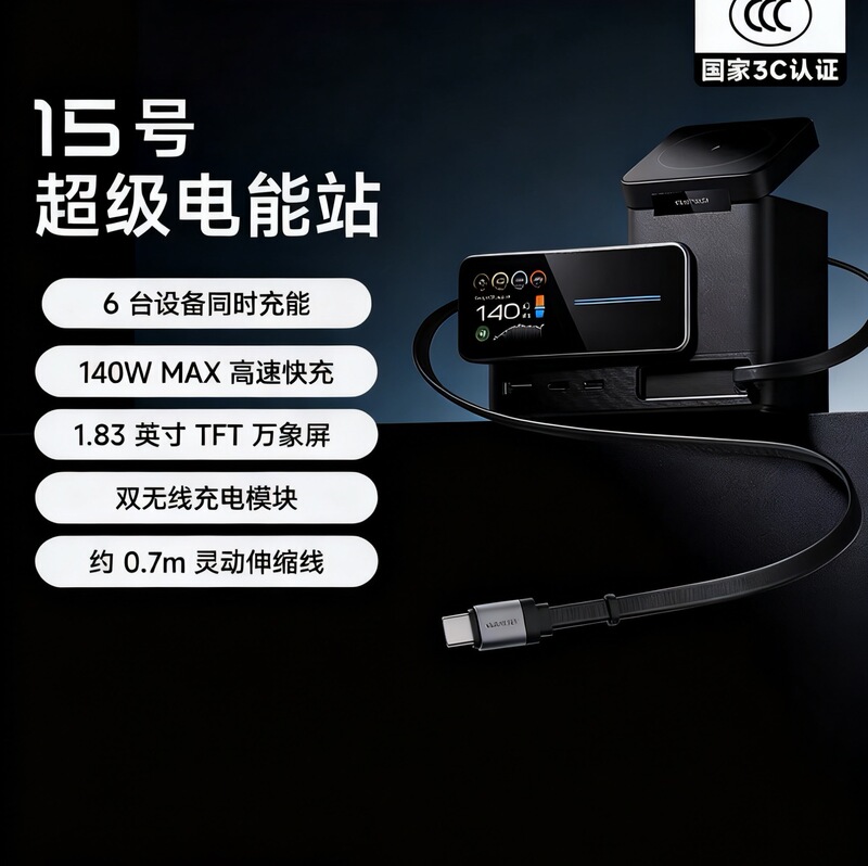 [National 3C Certification] Cuktech No. 15 Super Power Station 140W Computer and Mobile Phone 6-in-1 Multifunctional Desktop Charger Gallium Nitride Fast Charging Multi-Port Pd Plug for Laptops