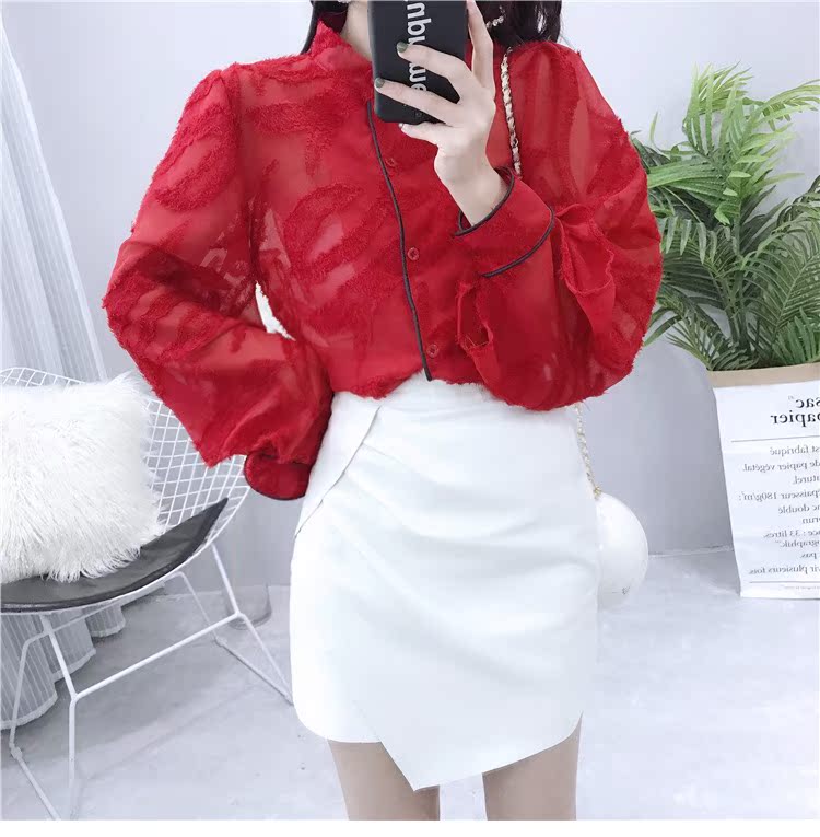 Han Fan Mao Mao tua rua áo sơ mi nữ tay dài 2018 mùa thu mới mỏng phần chic chic áo sơ mi nữ đã mỏng sơ mi công sở nữ