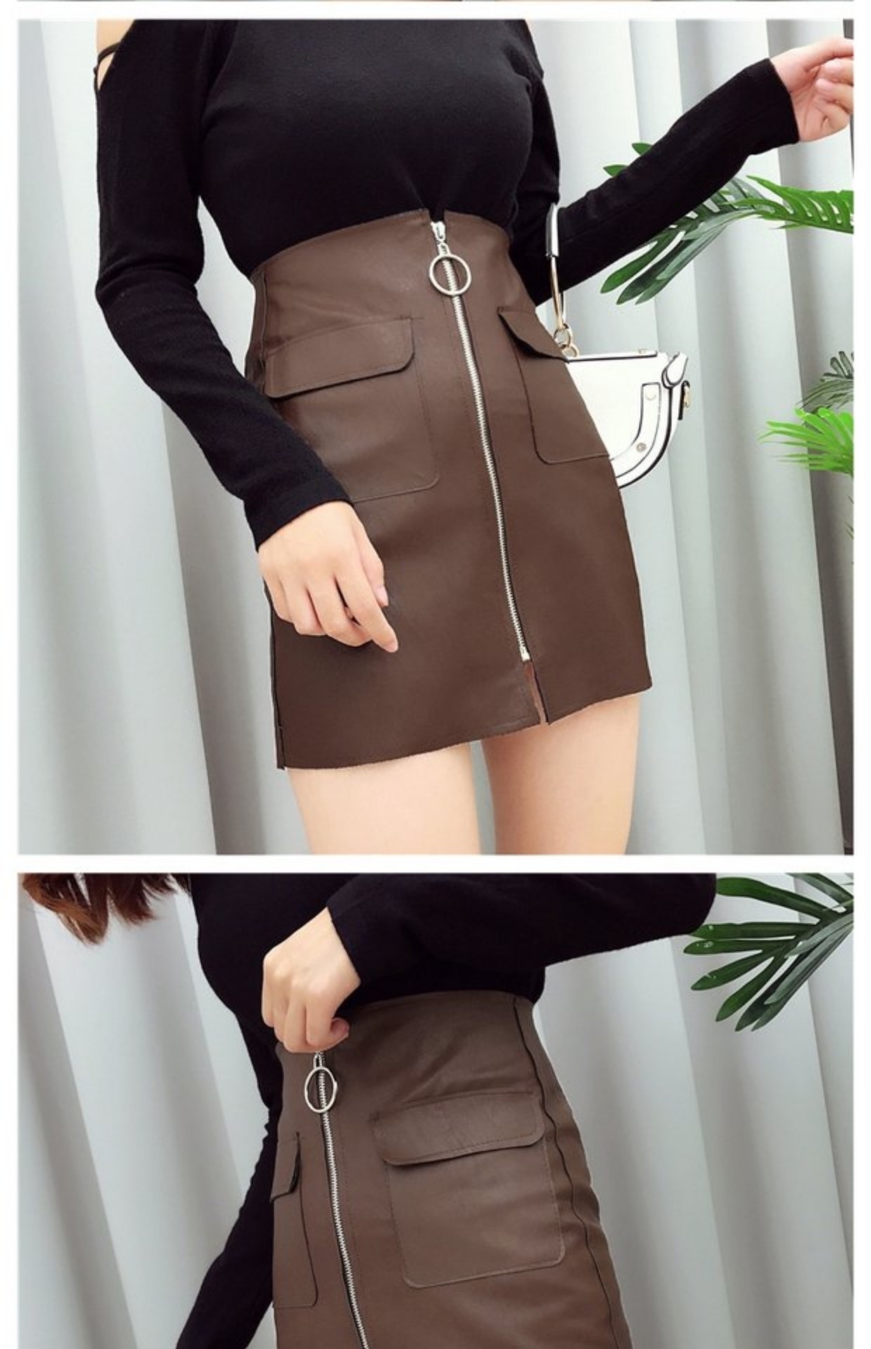 Mùa xuân mới nữ 2018 cao eo là gói mỏng hip Một từ váy đôi pocket zipper PU da váy váy váy ngắn chân váy xòe dài