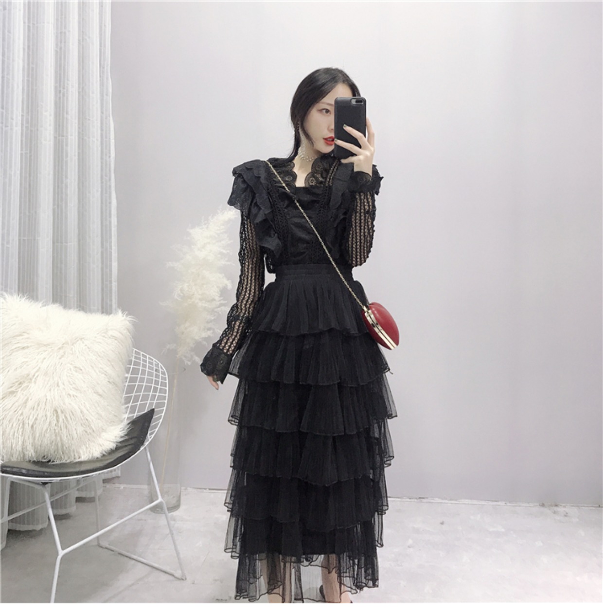 Váy lưới nữ váy mùa thu 2018 mới hoang dã chic chic mùa thu dịu dàng nhẹ nhàng chân váy ôm