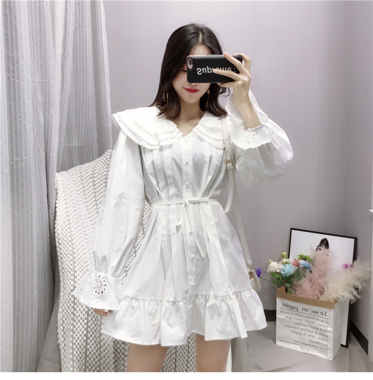Phụ nữ lạnh của bến cảng hương vị retro Sen nữ dài tay đầm nữ ngắn ulzzang búp bê váy Một từ váy ngắn mẫu chân váy chữ a ngắn
