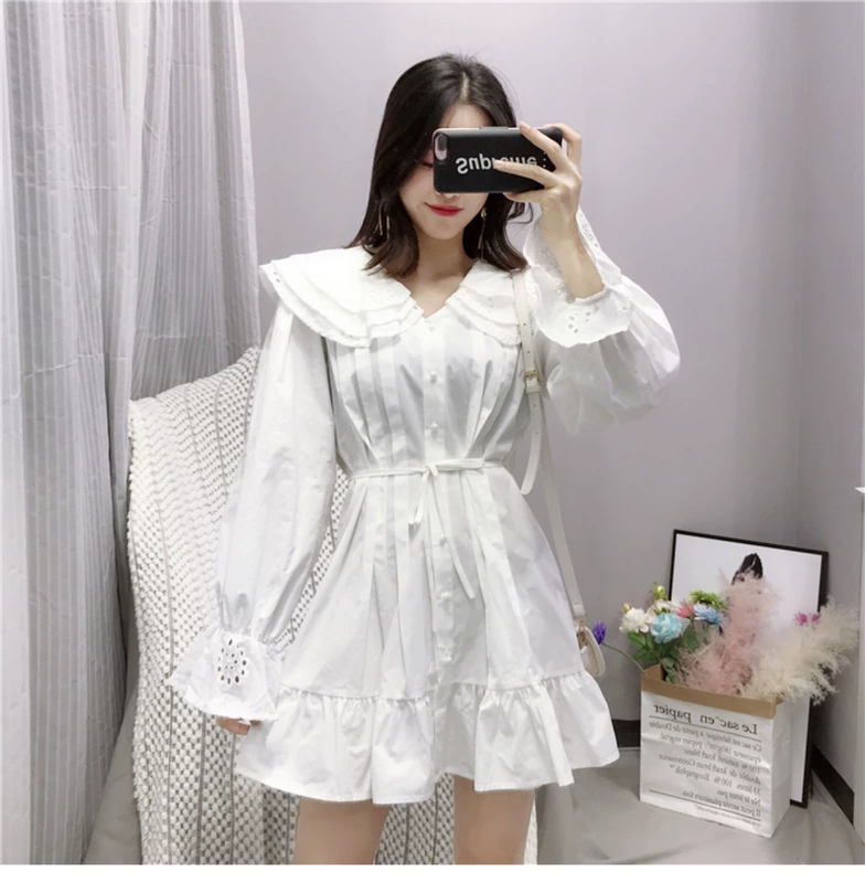 Phụ nữ lạnh của bến cảng hương vị retro Sen nữ dài tay đầm nữ ngắn ulzzang búp bê váy Một từ váy ngắn