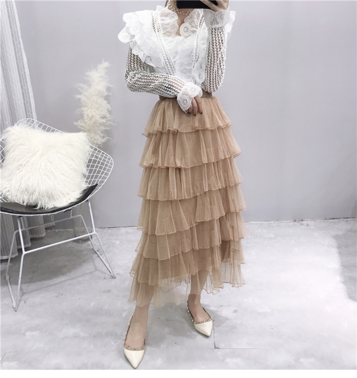 Váy lưới nữ váy mùa thu 2018 mới hoang dã chic chic mùa thu dịu dàng nhẹ nhàng chân váy ôm