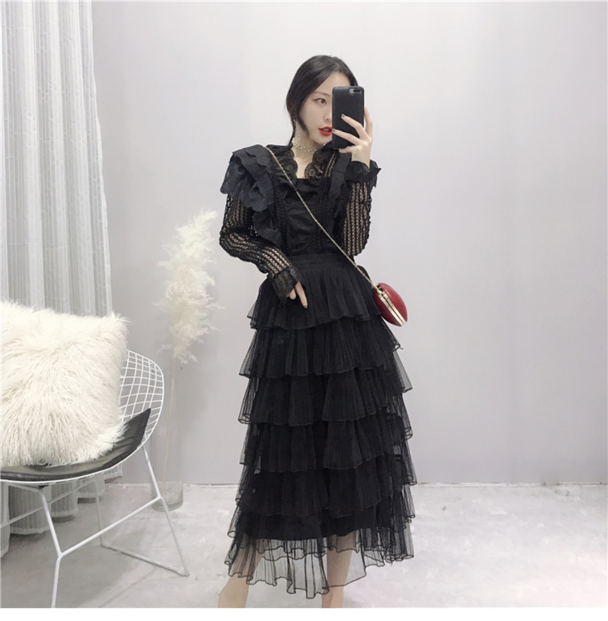 Váy lưới nữ váy mùa thu 2018 mới hoang dã chic chic mùa thu dịu dàng nhẹ nhàng chân váy ôm