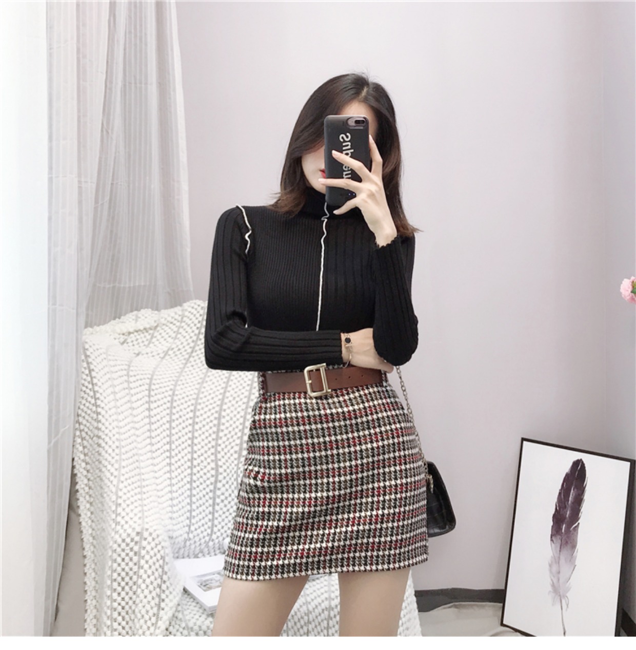 Áo len tự chế kiểu Hồng Kông cho phụ nữ áo dài tay mùa thu và mùa đông hoang dã phần mỏng cổ áo cao cổ áo set đồ bó sát cơ thể thủy triều áo len cổ cao