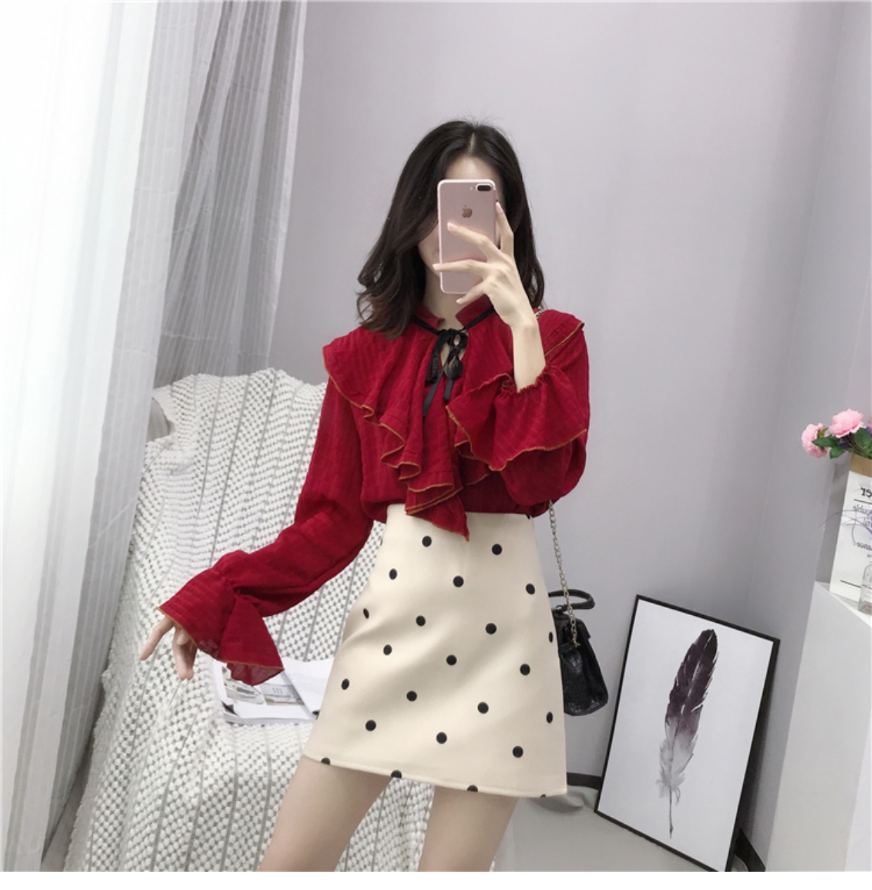 Đầm dự tiệc điểm xòe gió phiên bản Hàn Quốc của váy chữ A dày cạp cao eo retro len ngắn váy nữ thu đông 2018 mới chân váy dài công sở