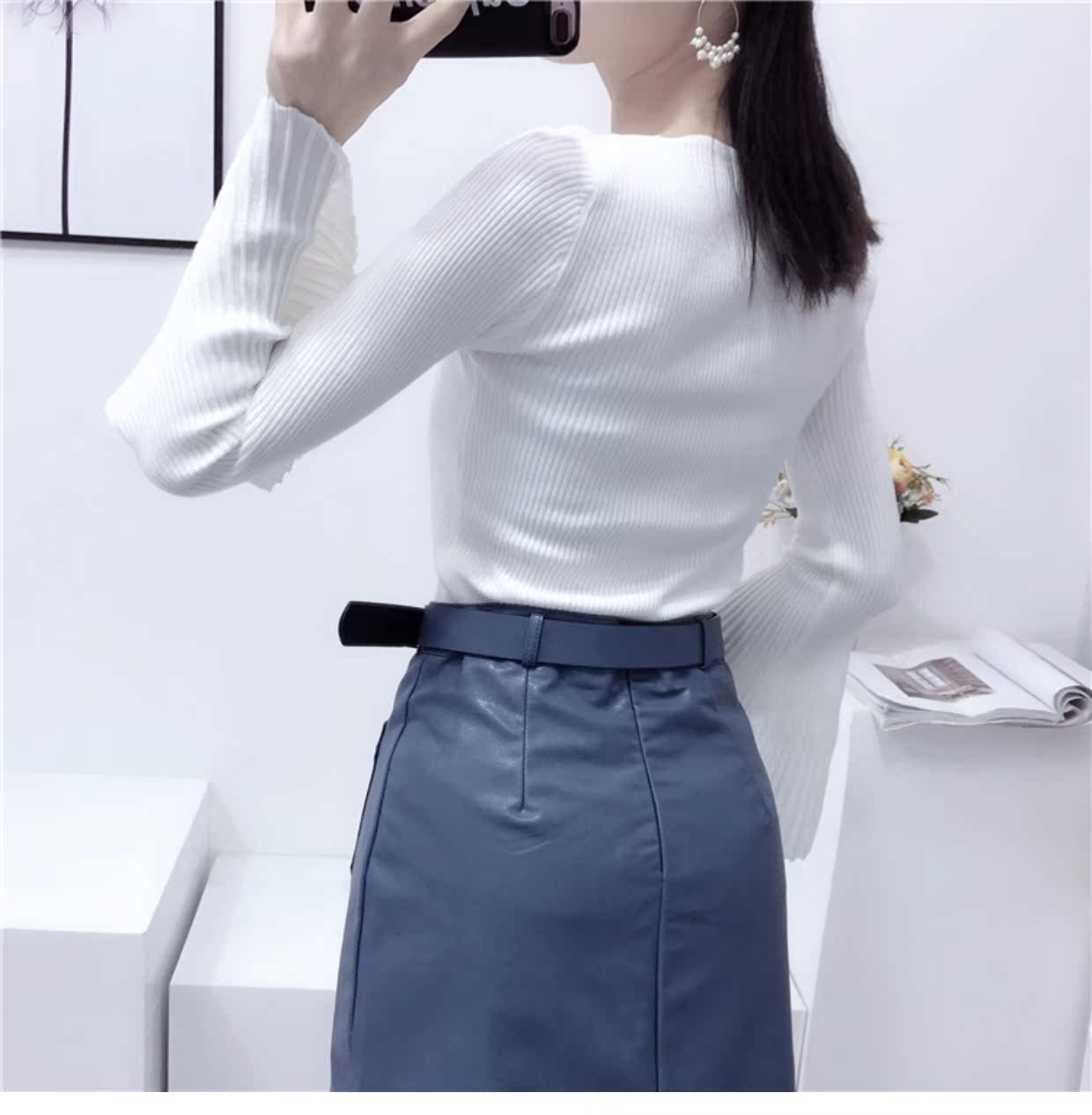 Thu đông phong cách Hàn Quốc ngọt ngào nhỏ dây rút kèn tay áo len mỏng cổ chữ V cổ áo sơ mi nữ dài tay áo khoác len