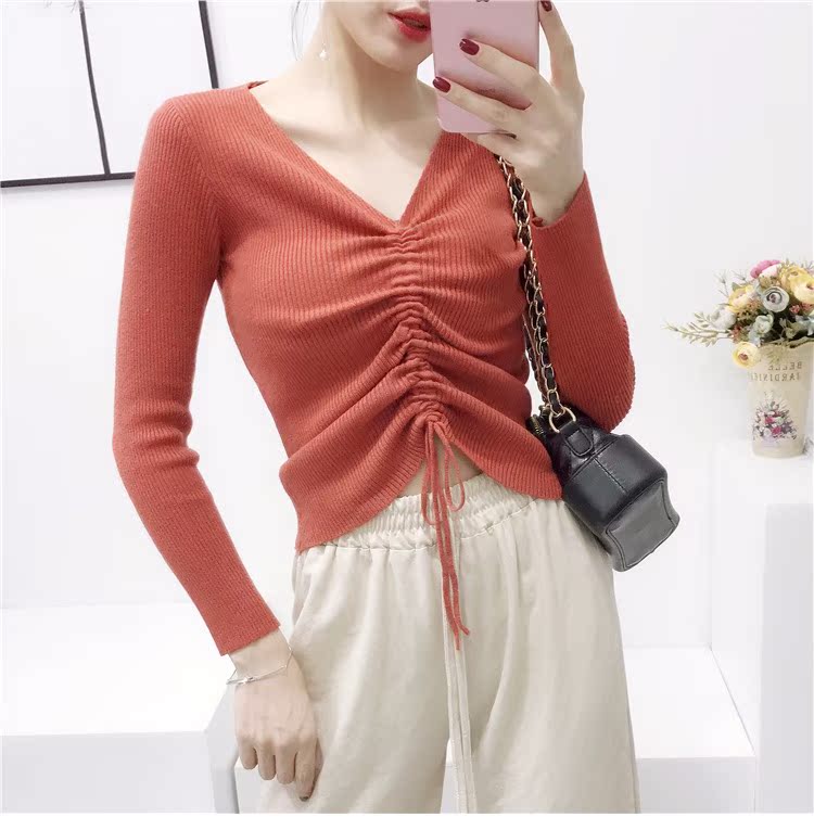 Áo len nữ mùa thu kiểu Hàn Quốc tự may sơ mi DrawString cổ chữ V sang trọng kiểu Hồng Kông dài tay nhỏ tươi nhỏ sơ mi nữ ngắn đoạn áo len nữ đẹp 2021
