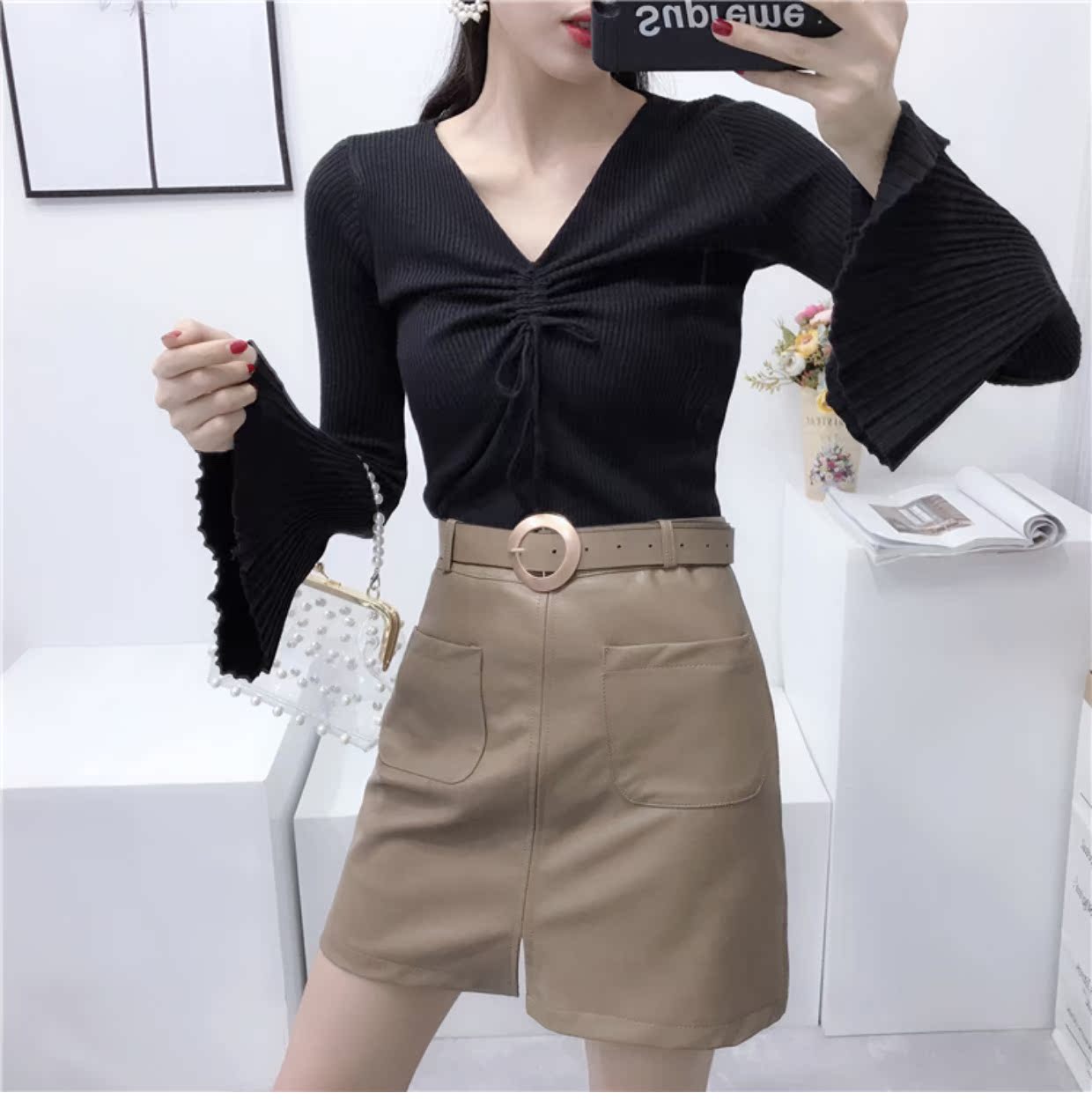 Thu đông phong cách Hàn Quốc ngọt ngào nhỏ dây rút kèn tay áo len mỏng cổ chữ V cổ áo sơ mi nữ dài tay áo khoác len