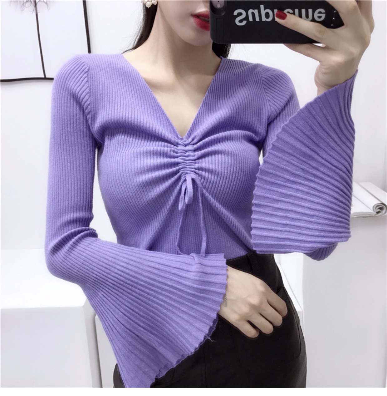 Thu đông phong cách Hàn Quốc ngọt ngào nhỏ dây rút kèn tay áo len mỏng cổ chữ V cổ áo sơ mi nữ dài tay áo khoác len