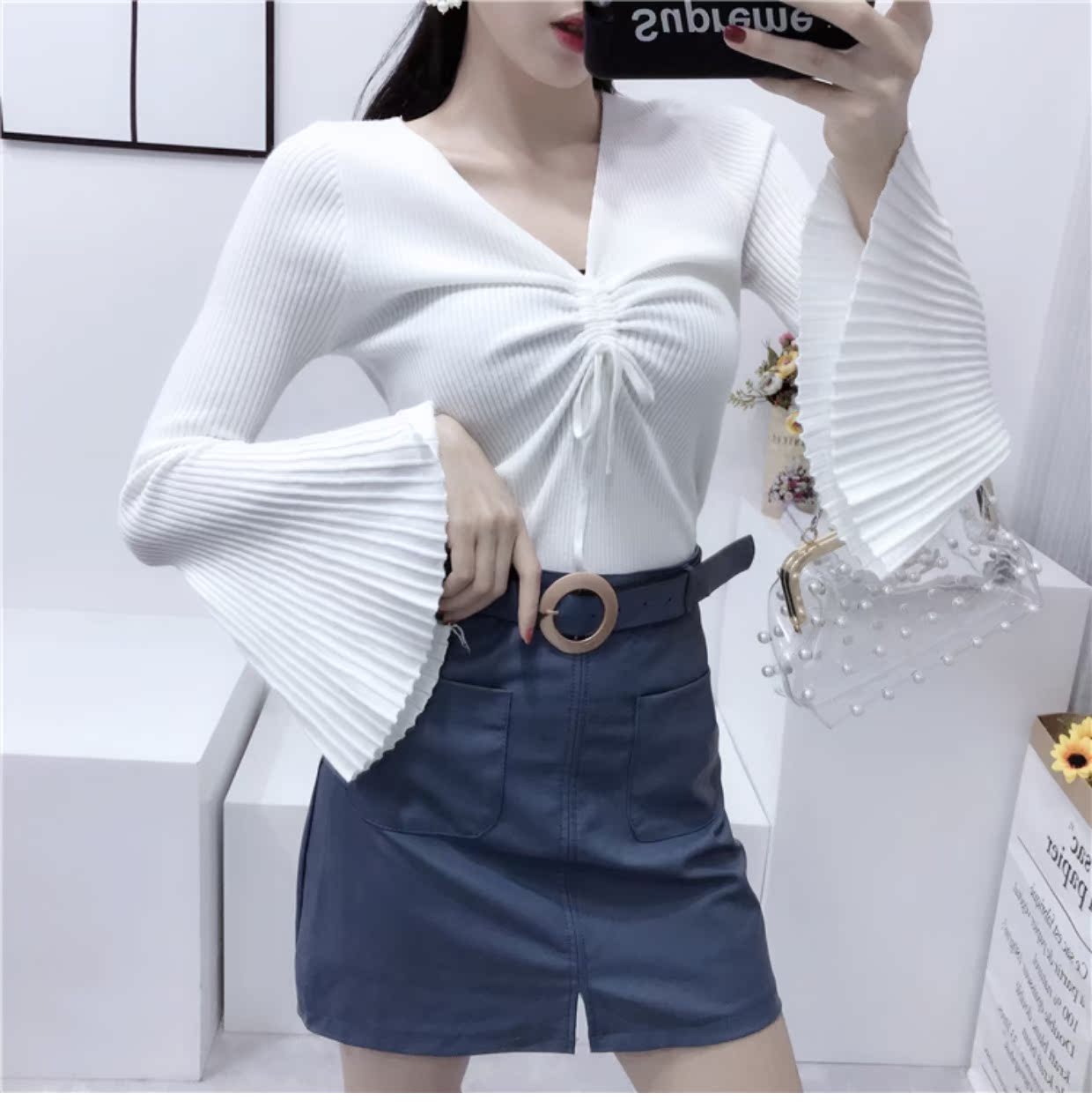 Thu đông phong cách Hàn Quốc ngọt ngào nhỏ dây rút kèn tay áo len mỏng cổ chữ V cổ áo sơ mi nữ dài tay áo khoác len