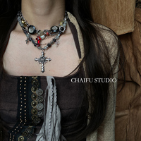 Chai Fu Studio/X239 Retro niche button bead stacked design cross rose necklace