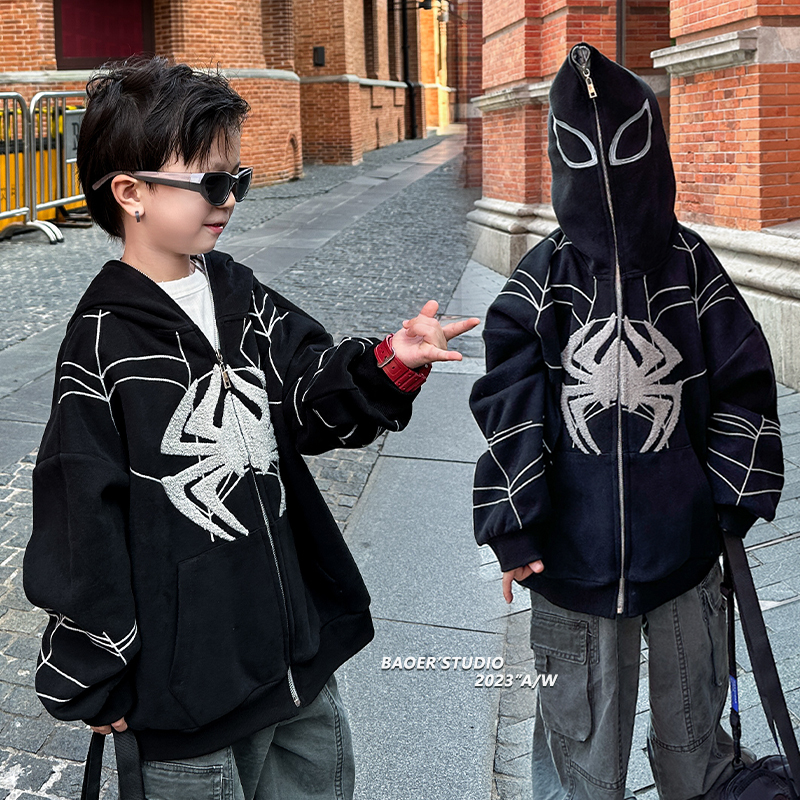 Boys' Autumn Hooded Jacket 2023 New Style 3D Towel Embroidery Spider-Man Boys' Cardigan Sweatshirt Children's Autumn Clothing