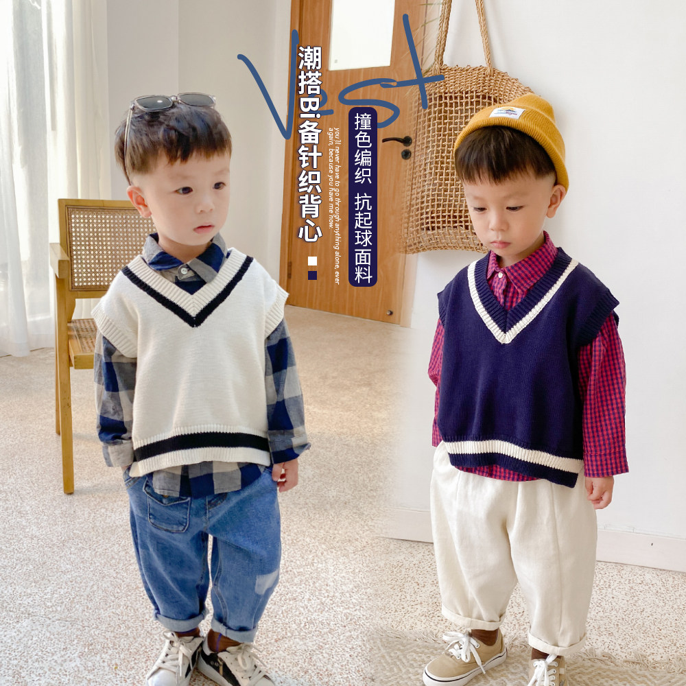 Simple and versatile ~ children's vest vest spring and autumn boy baby wear Korean version autumn V-neck sweater knitted vest