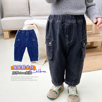 Boy gush jeans 2020 autumn and winter baby soft elastic children plus suede pants thickened winter child pants damp