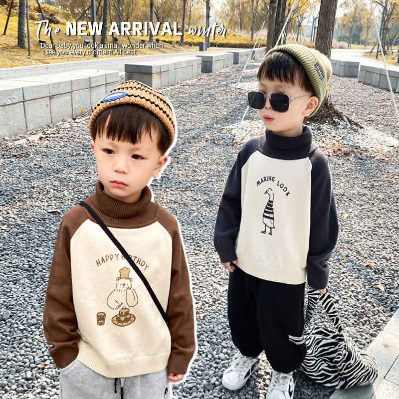 Boy high collar needlework winter clothing 2021 new children's children thickened headsets cartoon sweater