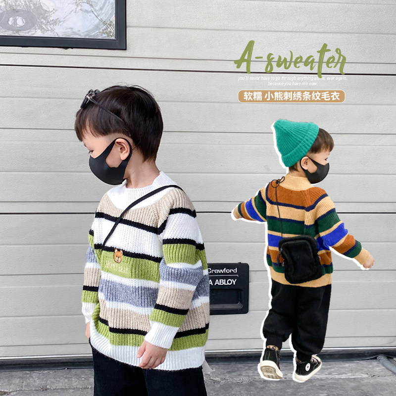 Boy striped sweater semi-high collar small Bear embroidered autumn and winter style Children's knitted hair line blouses warm and loose