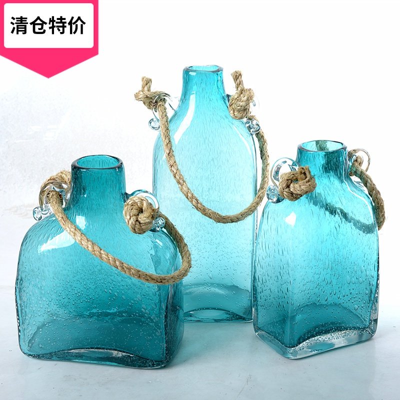 High-end blue glass vase fittings creative decoration living room sample house decoration home decoration decoration flower
