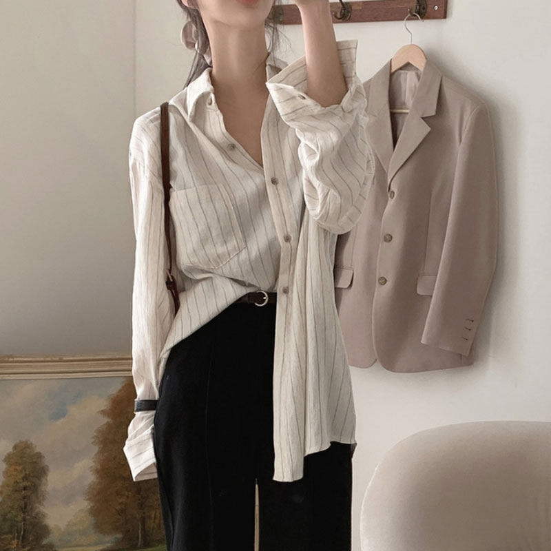 mocobling Korea 21 early spring new cotton simple vertical striped lapel shirt women