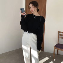 moocobling Korea 21 Winter new Korean version Temperament Tie Buttoned Shoulder Long Sleeve Needle Weaselwear