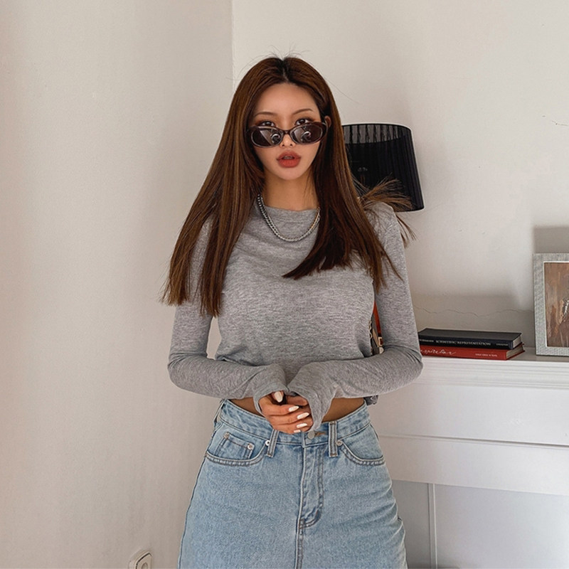 Liphop Korea 21 spring new minimalist with slightly overdraft round collar short long sleeve T-shirt