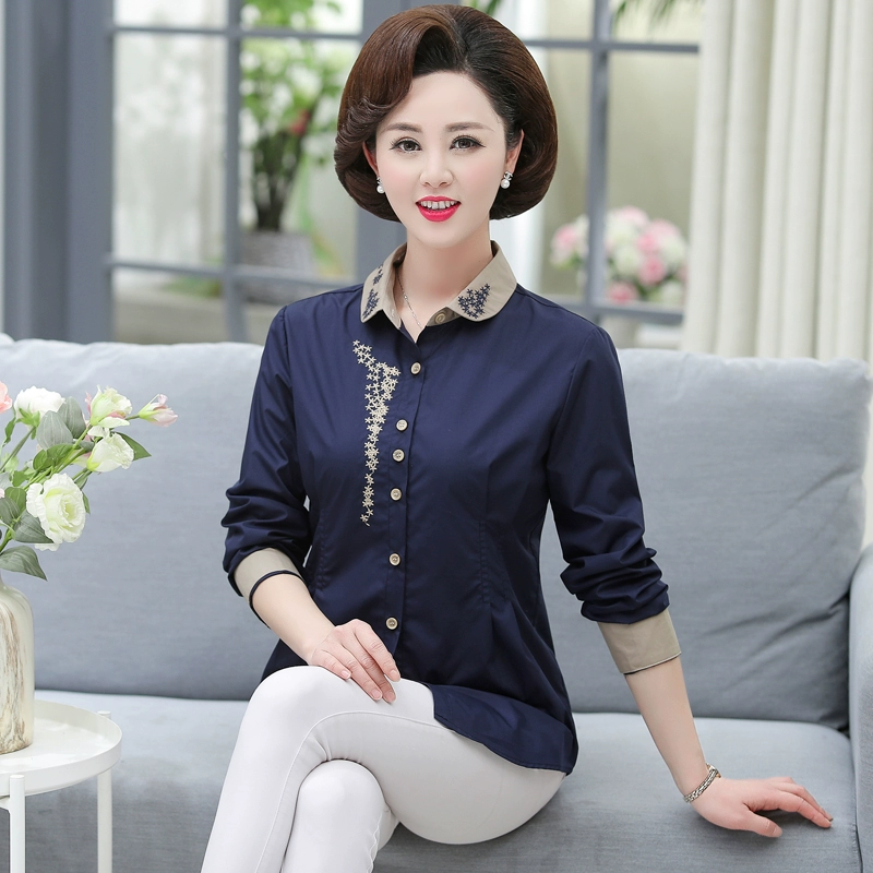 Áo sơ mi cotton dài tay cho phụ nữ trung niên và cao tuổi, áo sơ mi thêu hoa nữ, áo sơ mi cổ búp bê cotton mỏng, quần áo nữ cỡ lớn - Áo sơ mi