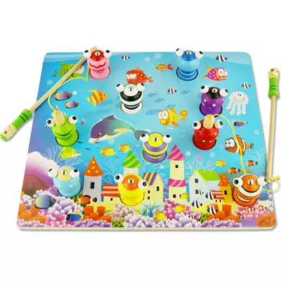 Children's toy double pole magnetic fishing parent-child game 1-5 year old baby hand-eye coordination educational wooden toy