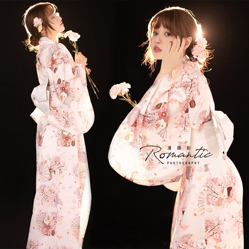 Day style kimono pink pray for rabbit bath clothes female deities retro foreign dress to improve traditional positive dress and clothing