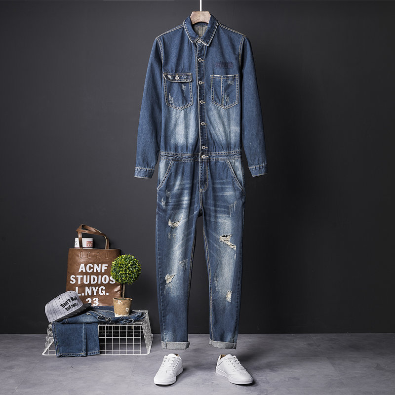 Autumn Trendy Jumpsuit for Men, Japanese Retro Blue Biker Workwear, Slim-Fit Korean Style Distressed Denim Jacket Set