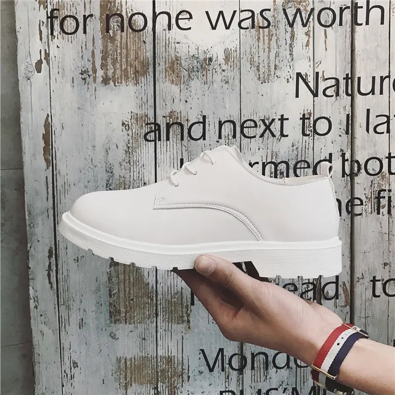 British Trendy Pure White Shoes with a Suit for Young People, Small Size Unisex Trendy Round-Toe Leather Shoes