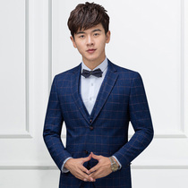 Bridegroom suit suit mens three-piece slim British plaid suit Korean casual wedding dress wedding best man