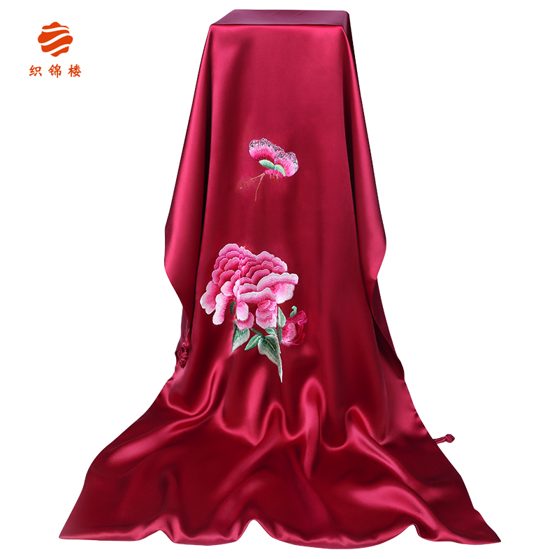 Woven Brocade Double Layer Genuine Silk Wine Red Qipao Scarf Woman Spring Autumn Mulberry Silk Suzhou Hand Embroidered Wedding Celebration Shawl