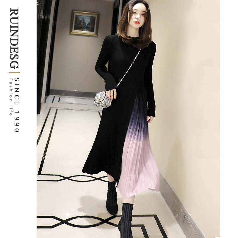 Ms. Ruindesg dress 2022 new autumn and winter fix slim black knit dress long