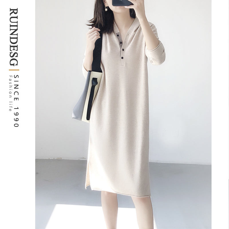 RUINDESG high-end knitted dress 2022 new spring and autumn women's long-sleeved hooded sweater skirt