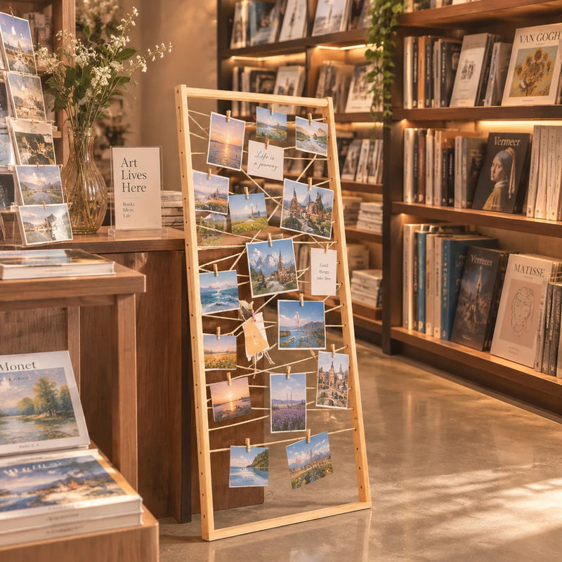 Wooden Postcard Display Stand, Photo Frame, Jute Rope Picture Frame, Wedding Bookstore Cafe Art Wall Corner Decoration Wooden Postcard Display Stand, Photo Frame, Jute Rope Picture Frame, Wedding Bookstore Cafe Art Wall Corner Decoration