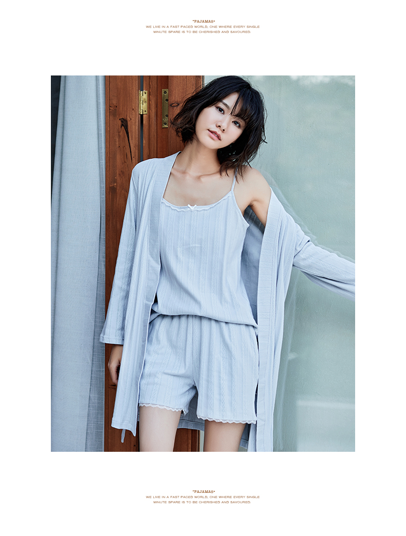 Top dưa mùa xuân và mùa hè đồ ngủ của phụ nữ cotton màu rắn phần mỏng hollow strap shorts robe 3 piece phù hợp với dịch vụ nhà nữ đồ ngủ nam