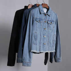 Thin Spring and Autumn Mao Bian Short -panties denim long -sleeved silk large size black blue women's spring and autumn jacket jacket