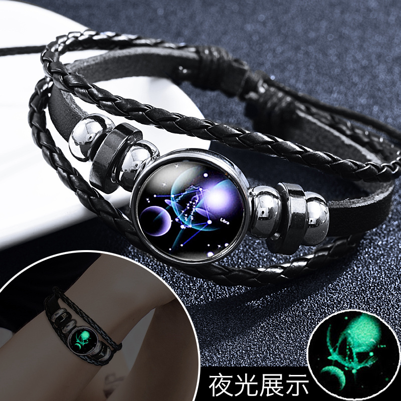 Twelve Zodiac Signs Bracelet for Men, Korean Style, Trendy Men's Wristband, Women's Wrist Jewelry, Couple, Student, 12 Luminous Cool