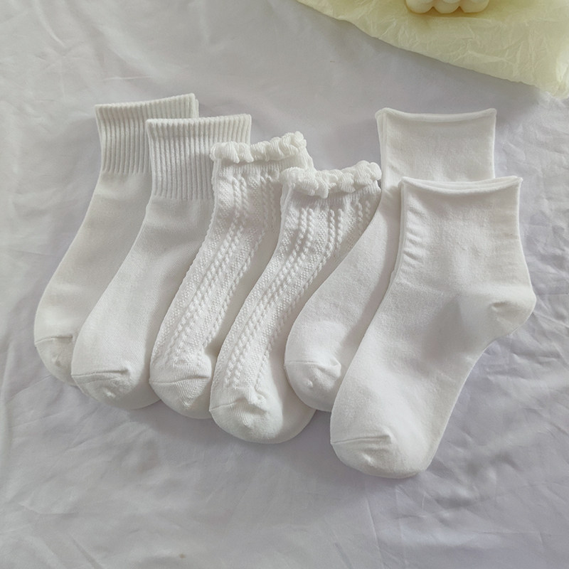 White socks women spring summer autumn thin cotton tube ins cute Japanese jk socks lace solid color hemmed socks
