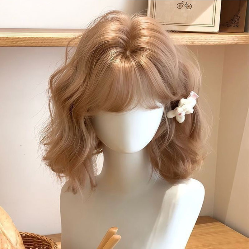 Daily Short Wig for Women, Korean Style Champagne Gold Short Curly Hair, Natural Sweet Girl Style Lolita Full Wig