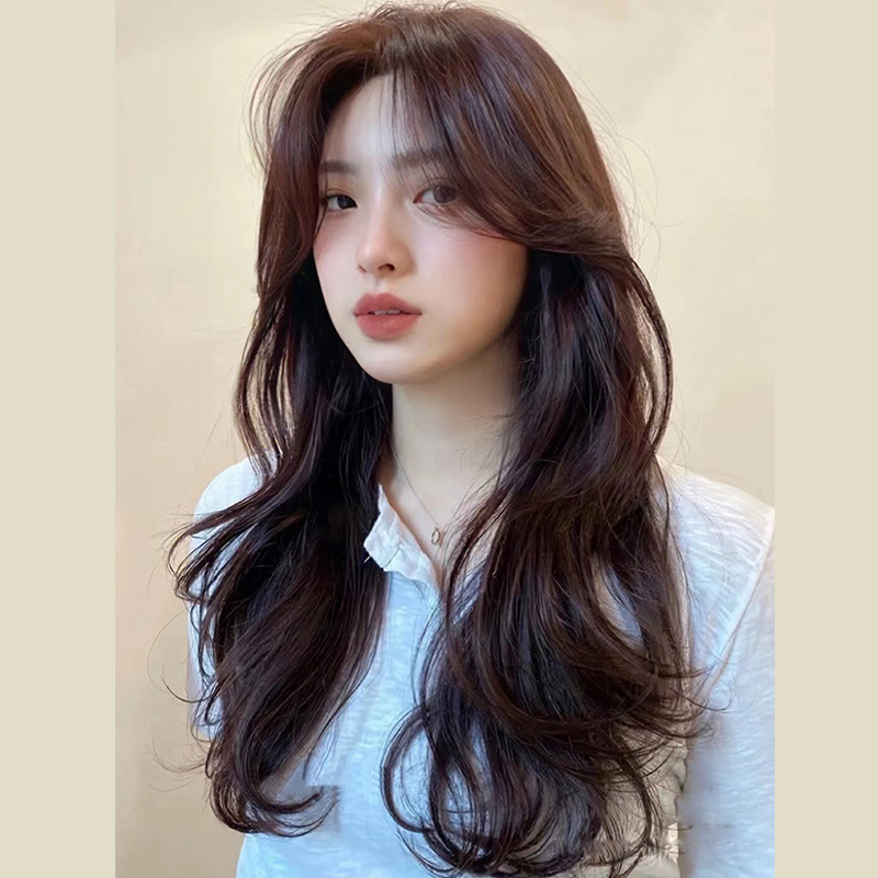 Wig for Women with Long Hair, Big Waves, Full Headband, Middle Parted Eight-Character Bangs, Long Curly Hair, Simulated Human Hair, Daily Wig Set
