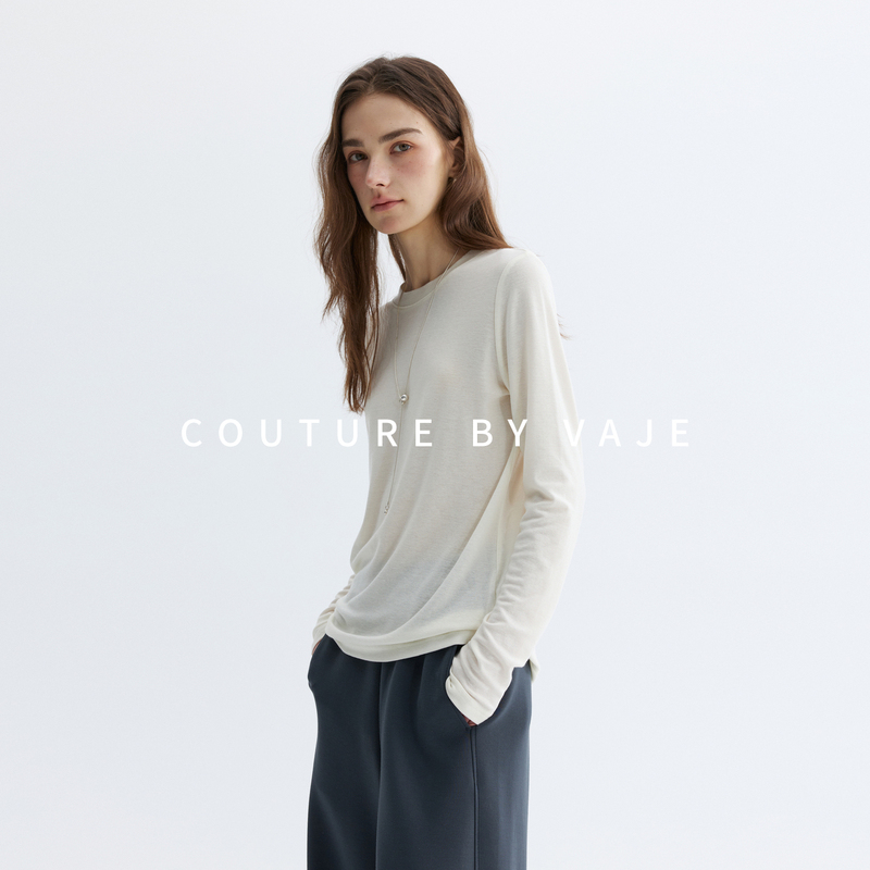 Vaje Tencel Wool Off-White T-Shirt for Women 2026 Early Spring ins Inner Layer Knit Top Korean Chic Top