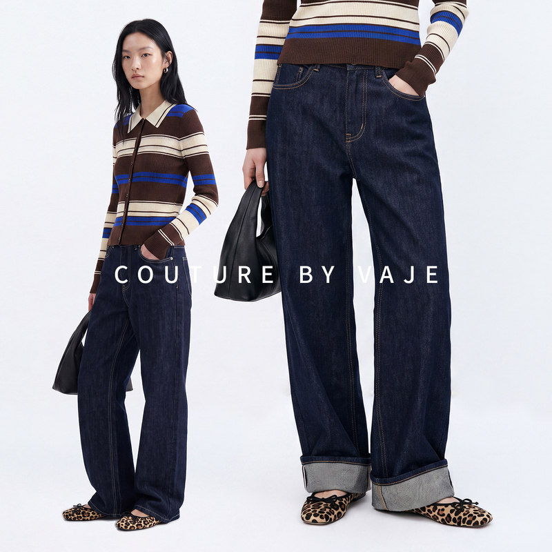 Vaje Red-Edged American Retro High-Waisted Casual Jeans for Women, Autumn Street Style Denim Straight Wide-Leg Pants