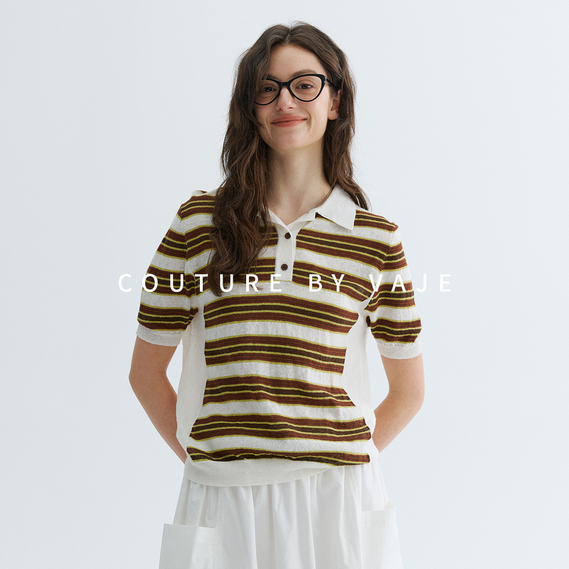 Vaje Melard Striped Linen Polo Shirt with Turn-Down Collar, Half-Button, Thin Knit, Loose Fit, Vintage Casual Short-Sleeve T-Shirt
