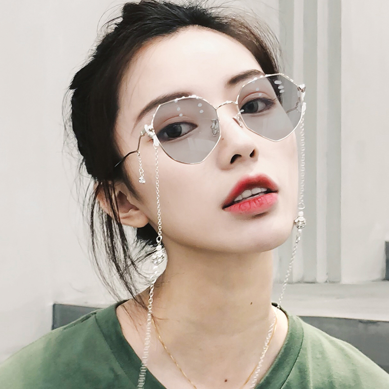 Greens Personality Discoloration Sunglasses Lady Round Face Display Slim Large Frame With Chain Polarized Sun Eye Tide Anti UV