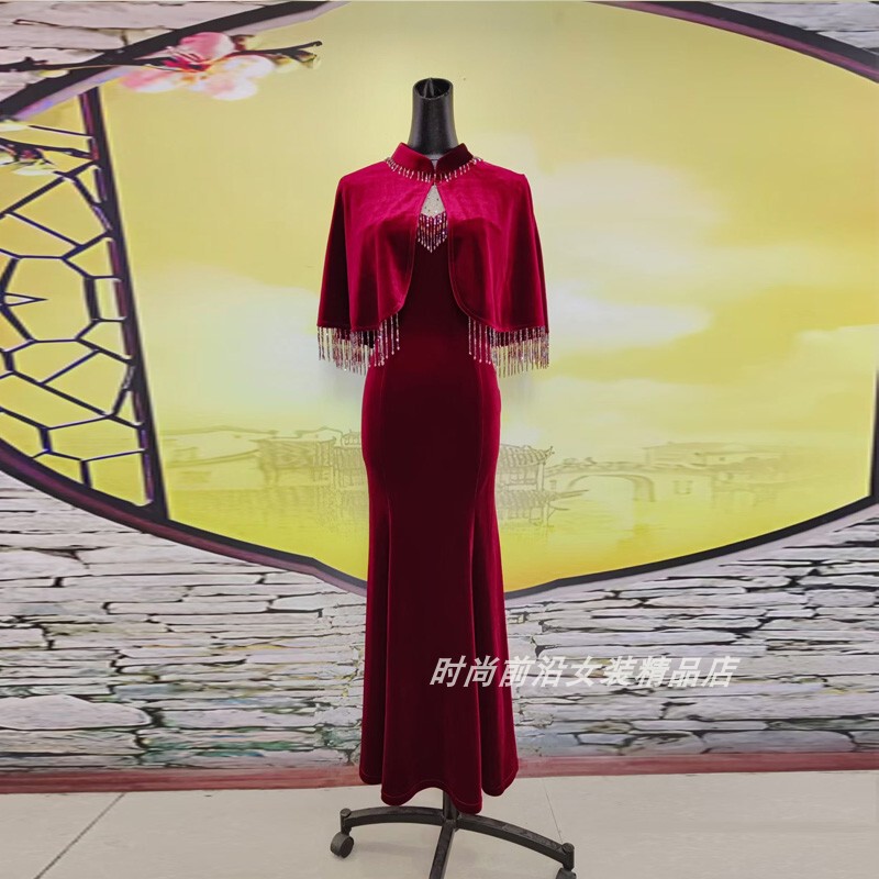 Autumn and Winter High-End Velvet Beaded Tassel Dress for Mother-In-Law, Mermaid Dress, Long Toast Dress
