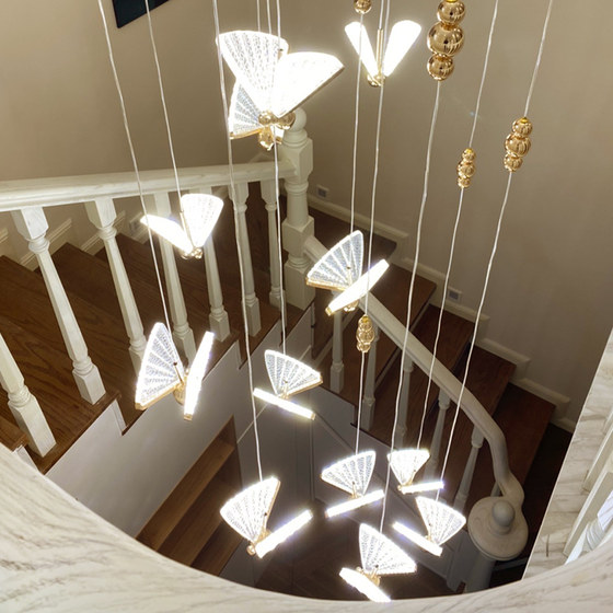 Modern Light Luxury Duplex Staircase Long Chandelier Bar Table Lamp Apartment Loft Restaurant Island Table Shop Decoration Butterfly Chandelier