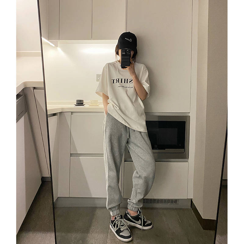 HHYEEE gray sports pants 2021 spring new loose and thin all-match striped beam pants casual thick cotton pants women